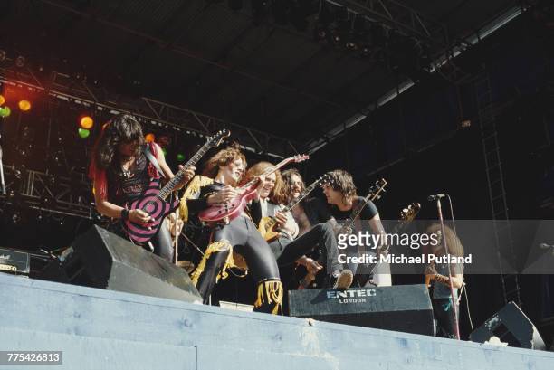 American glam metal group Twisted Sister, perform live on stage with Lemmy Kilmister from Motorhead at the Reading Festival near Reading in England,...
