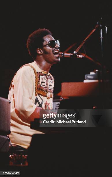 American singer-songwriter and keyboard player Stevie Wonder performing at the Rainbow Theatre, London, 29th Janaury 1974.