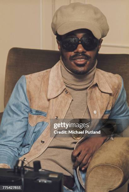 American singer-songwriter and keyboard player Stevie Wonder posed in London on 29th January 1974.