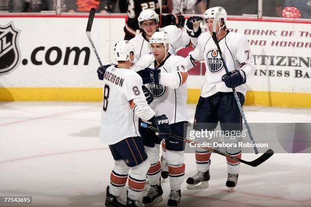 The Edmonton Oilers celebrate a goal against the Anaheim Ducks at Honda Center October 28, 2007 in Anaheim, California.