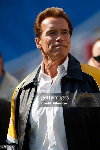 Governor Arnold Schwarzenegger appears at the NFL game between the Houston Texans oand the San Diego Chargers at Qualcomm Stadium October 28, 2007 in...