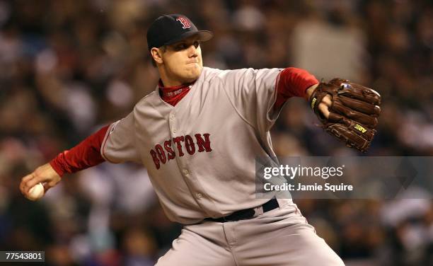 Jonathan Papelbon of the Boston Red Sox pitching in the eighth inning against the Colorado Rockies during Game Four of the 2007 Major League Baseball...