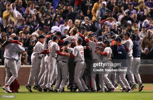 The Boston Red Sox celebrate after winning Game Four by a score of the 4-3 to win the 2007 Major League Baseball World Series in a four game sweep of...