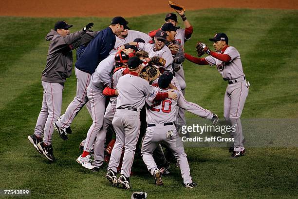 The Boston Red Sox celebrate after winning Game Four by a score of the 4-3 to win the 2007 Major League Baseball World Series in a four game sweep of...