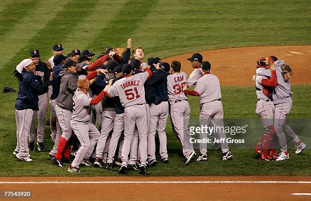 The Boston Red Sox celebrate after winning Game Four by a score of the 4-3 to win the 2007 Major League Baseball World Series in a four game sweep of...