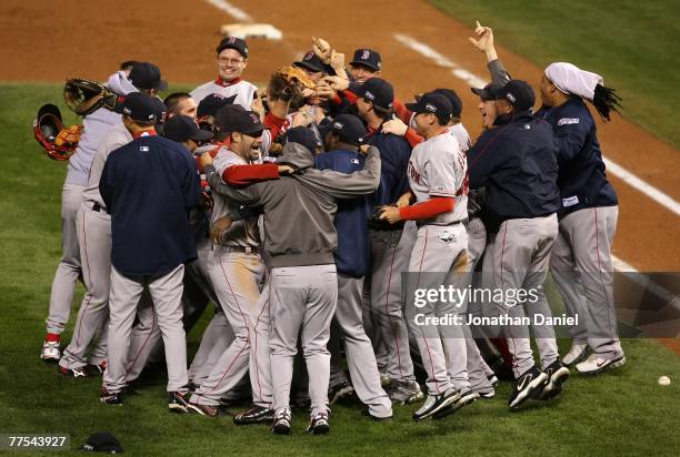 The Boston Red Sox celebrate after winning Game Four by a score of the 4-3 to win the 2007 Major League Baseball World Series in a four game sweep of...