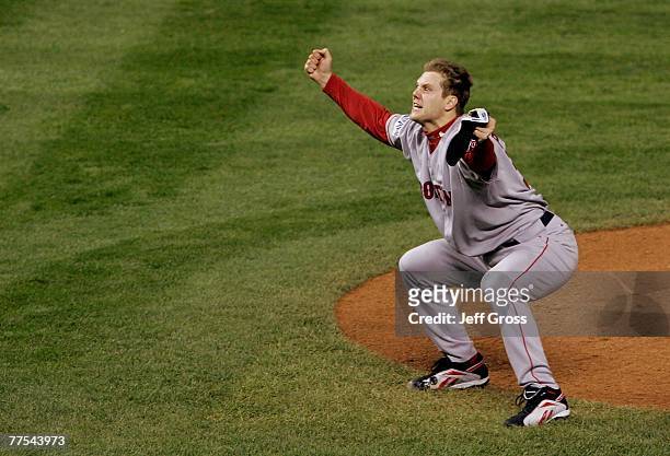 Jonathan Papelbon of the Boston Red Sox celebrates after winning Game Four by a score of the 4-3 to win the 2007 Major League Baseball World Series...