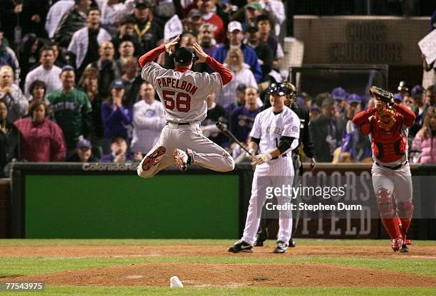 Jonathan Papelbon of the Boston Red Sox celebrates after winning Game Four by a score of the 4-3 to win the 2007 Major League Baseball World Series...