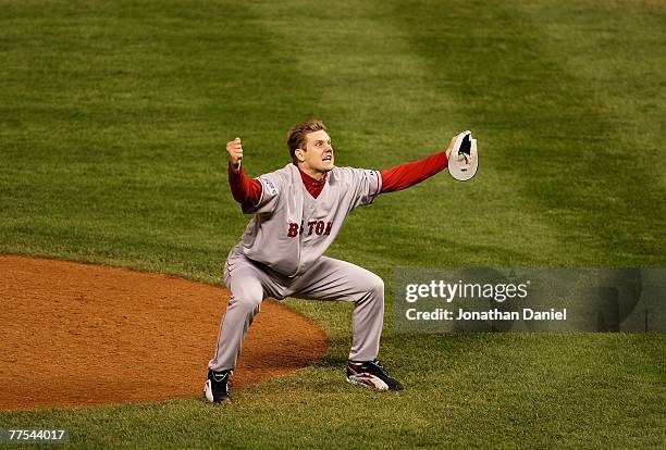 Jonathan Papelbon of the Boston Red Sox celebrates after winning Game Four by a score of the 4-3 to win the 2007 Major League Baseball World Series...