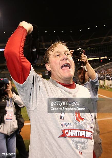 Curt Schilling of the Boston Red Sox celebrates after winning Game Four by a score of 4-3 to win the 2007 Major League Baseball World Series in a...