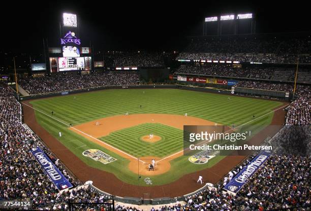 General view of action between the Boston Red Sox and the Colorado Rockies during the eighth inning of Game Four of the 2007 World Series at Coors...