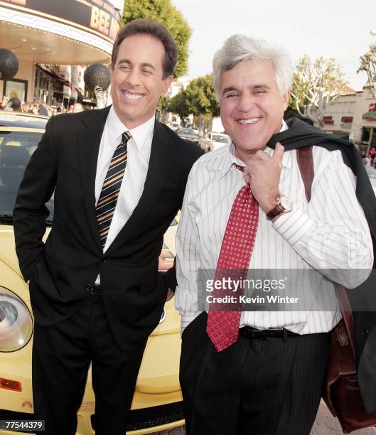 Actor Jerry Seinfeld and talk show host Jay Leno pose at the premiere of DreamWorks Animation's "Bee Movie" at the Mann Village Theatre on October...