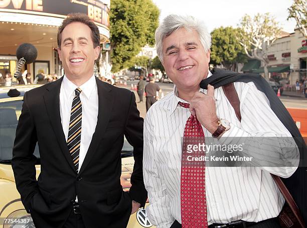 Actor Jerry Seinfeld and talk show host Jay Leno pose at the premiere of DreamWorks Animation's "Bee Movie" at the Mann Village Theatre on October...