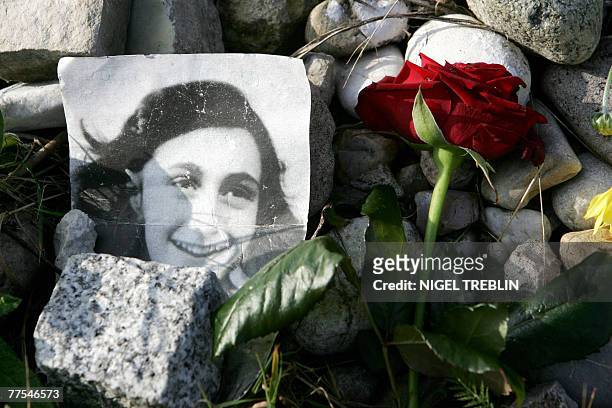 Picture of Anne Frank lies in front of the memorial stone for Jewish girl Anne Frank, author of "The Diary of a Young Girl", and her sister Margot,...