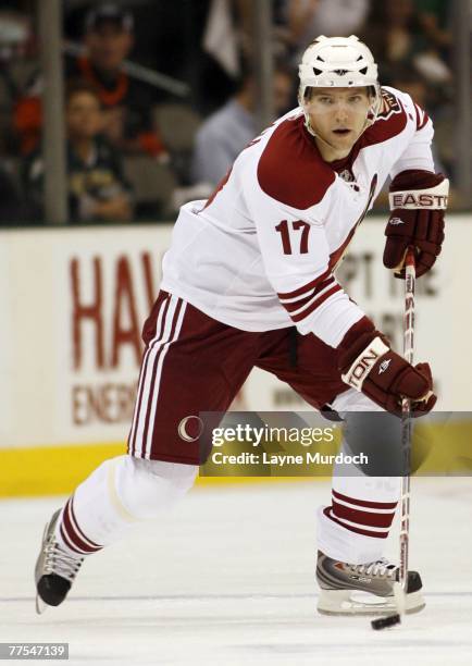 Radim Vrbata of the Phoenix Coyotes skates with the puck against the Dallas Stars during a preseason game at American Airlines Center on September...