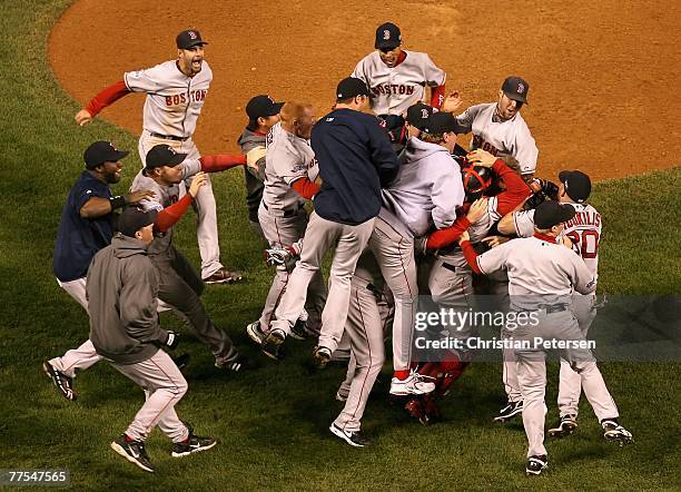 The Boston Red Sox celebrate after defeating the Colorado Rockies in Game Four of the 2007 World Series at Coors Field on October 28, 2007 in Denver,...