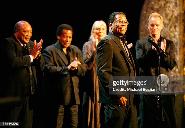 Quincy Jones, Wayne Shorter, Joni Mitchell, Herbie Hancock and Sting on stage at The Thelonious Monk Institute of Jazz and The Recording Academy Los...
