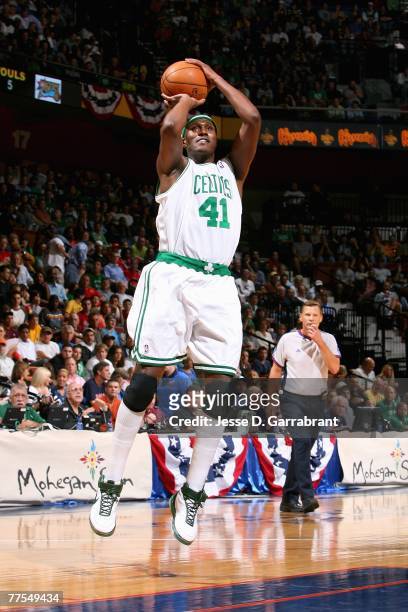 James Posey of the Boston Celtics shoots during the game against the Philadelphia 76ers on October 20, 2007 at Mohegan Sun Arena in Uncasville...