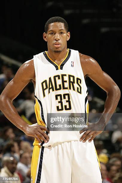 Danny Granger of the Indiana Pacers looks on during the game against the Memphis Grizzlies at Conseco Fieldhouse on October 17, 2007 in Indianapolis,...