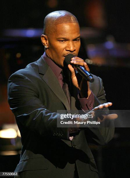 Musician/actor Jamie Foxx on stage at The Thelonious Monk Institute of Jazz and The Recording Academy Los Angeles chapter honoring Herbie Hancock all...