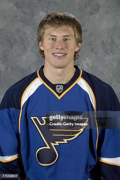 Erik Johnson of the St. Louis Blues poses for his 2007 NHL headshot at photo day in St. Louis, Missouri.