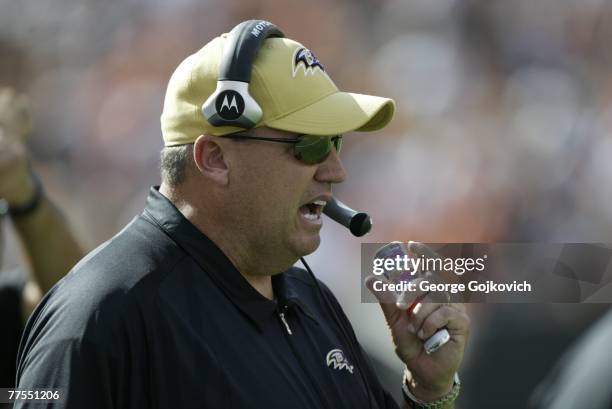 Defensive coordinator Rex Ryan of the Baltimore Ravens looks on from the sideline during a game against the Cleveland Browns at Cleveland Browns...