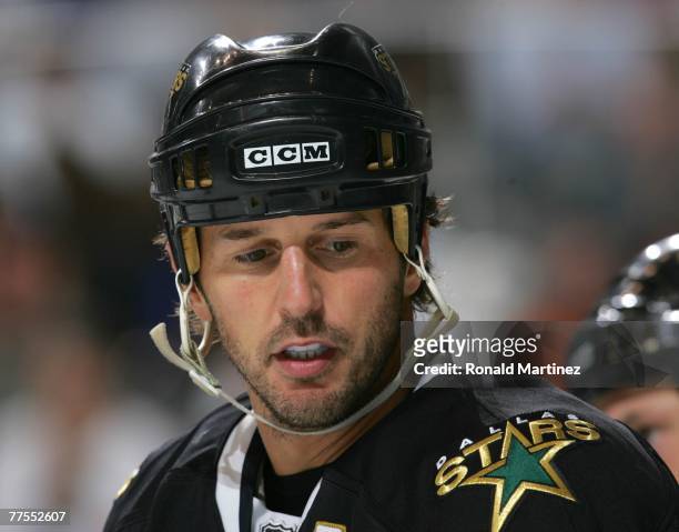 Mike Modano of the Dallas Stars looks on against the Boston Bruins at American Airlines Center on October 5, 2007 in Dallas, Texas.