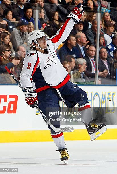 Alexander Ovechkin of the Washington Capitals celebrates his second period goal against the Toronto Maple Leafs October 29, 2007 at the Air Canada...