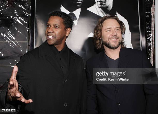 Actors Denzel Washington and Russell Crowe arrive at an industry screening of Universal Picture's and Imagine Entertainment's "American Gangster" at...