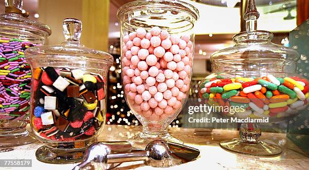 Jars of confectionary are displayed at Fortnum amd Mason on October 30, 2007 in London. London's most famous food shop will celebrate it's 300th year...