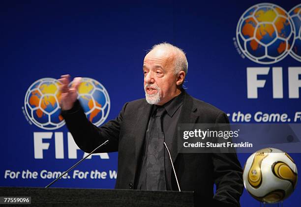 Writer Paolo Coelho speaks during the presentation by Brazil during the FIFA Executive Committee announcement for the host venue of the FIFA Mens...