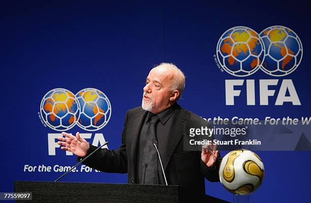 Writer Paolo Coelho speaks during the presentation by Brazil during the FIFA Executive Committee announcement for the host venue of the FIFA Mens...