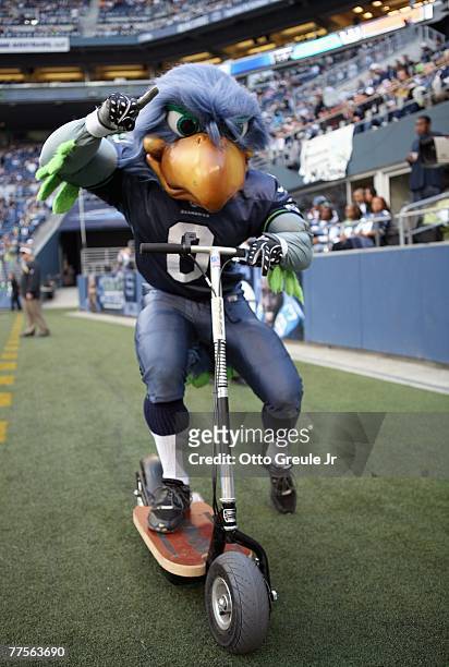 Blitz mascot of the Seattle Seahawks on the sidelines during the game against the New Orleans Saints at Qwest Field on October 14, 2007 in Seattle,...