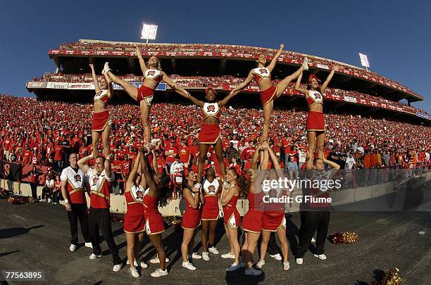 University of Maryland Cheerleaders perform during the game between the Maryland Terrapins and the Clemson Tigers October 27, 2007 at Byrd Stadium in...