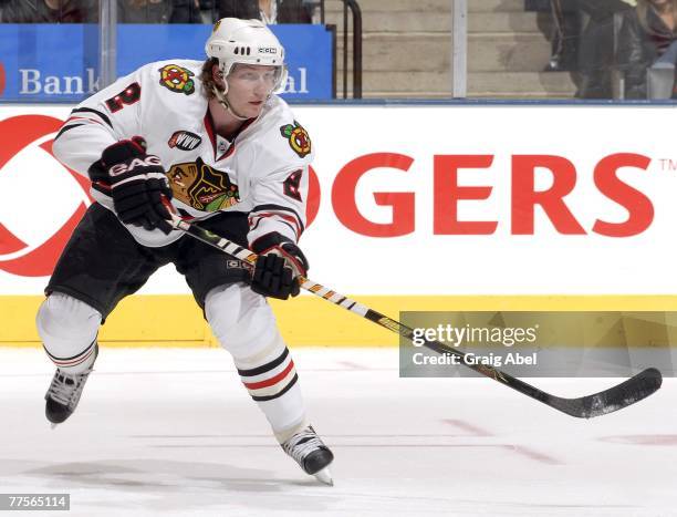 Duncan Keith of the Chicago Blackhawks skates during game action against the Toronto Maple Leafs October 20, 2007 at the Air Canada Centre in...