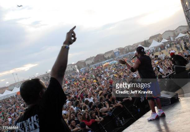 Rappers Chuck D and Flavor Flav from the rap group Public Enemy perform during the Vegoose Music Festival 2007 at Sam Boyd Stadium on October 27,...