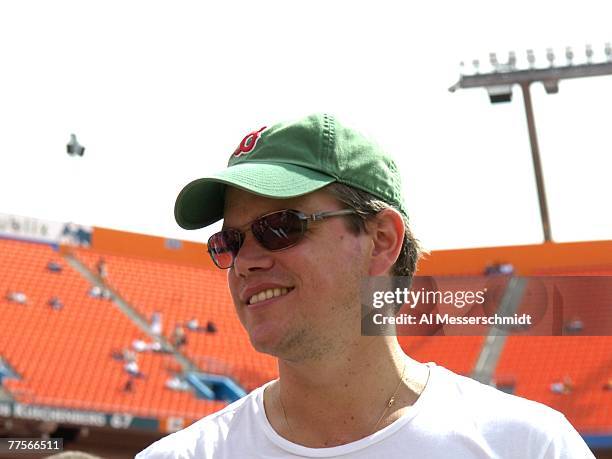 Actor Matt Damon watches the New England Patriots warmup before play against the Miami Dolphins at Dolphin Stadium on October 21, 2007 in Miami,...