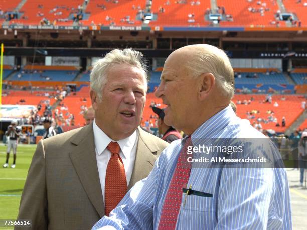Owner Robert Kraft of the New England Patriots and owner Wayne Huizenga of the Miami Dolphins meet at Dolphin Stadium on October 21, 2007 in Miami,...