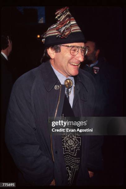 Actor Robin Williams laughs at the premiere of the film "The Birdcage" March 3, 1996 in New York City. The movie, which stars Williams and Nathan...
