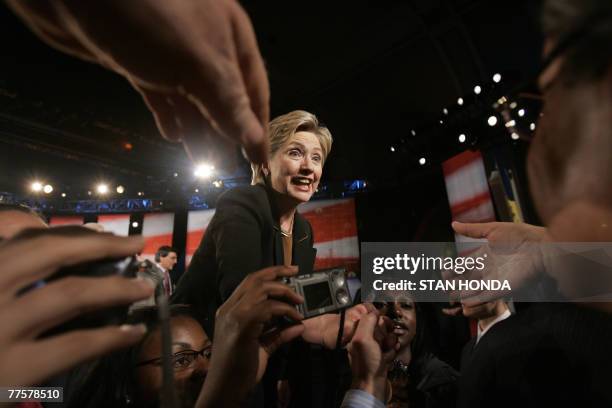 New York Senator Hillary Rodham Clinton greets supporters following the NBC Democratic Presidential Candidates Debate 30 October 2007 at Drexel...