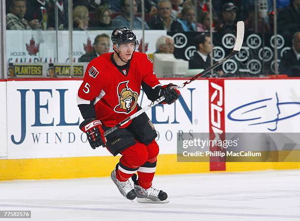 Christoph Schubert of the Ottawa Senators skates during the NHL game against the Carolina Hurricanes at the Scotiabank Place on October 11, 2007 in...