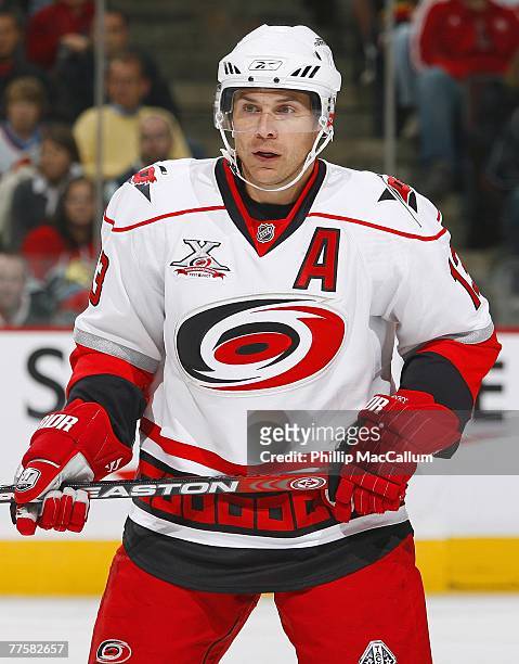 Ray Whitney of the Carolina Hurricanes looks on during the NHL game against the Ottawa Senators at the Scotiabank Place on October 11, 2007 in...