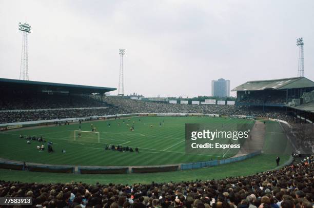 View of the Chelsea F.C football ground at Stamford Bridge, London, during a match, circa 1970.