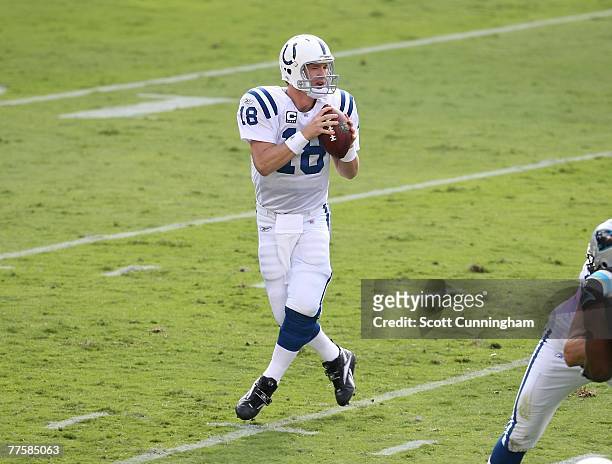 Peyton Manning of the Indianapolis Colts passes against the Carolina Panthers at Bank Of America Stadium on October 28, 2007 in Charlotte, North...