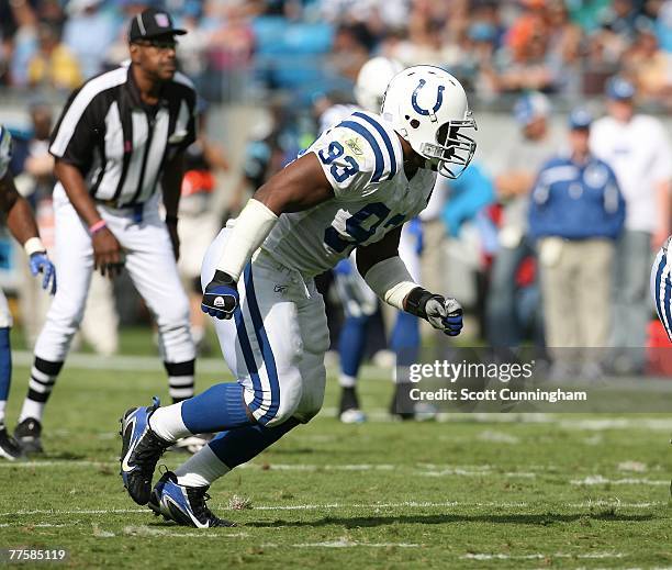 Dwight Freeney of the Indianapolis Colts rushes the passer against the Carolina Panthers at Bank Of America Stadium on October 28, 2007 in Charlotte,...