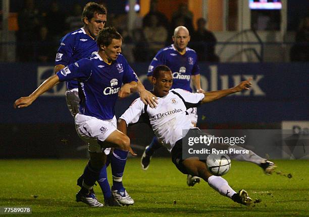 Calvin Andrew of Luton Town shoots at goal during the Carling Cup Fourth Round match between Luton Town and Everton at Kenilworth Road on October 31,...