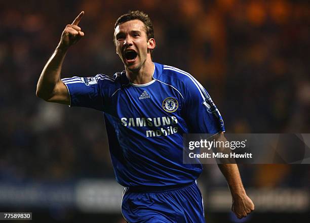 Andriy Shevchenko of Chelsea celebrates as he scores their third goal during the Carling Cup Fourth Round match between Chelsea and Leicester City at...