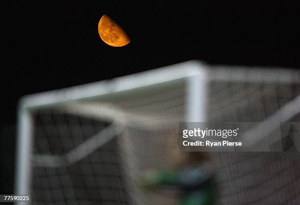 The moon rises over the goal during the Carling Cup Fourth Round match between Luton Town and Everton at Kenilworth Road on October 31, 2007 in...