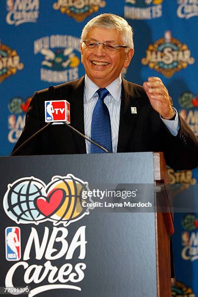 Commissioner David Stern speaks to students and media to announce the on-going rebuilding of New Orleans on October 31, 2007 at Walter L. Cohen High...