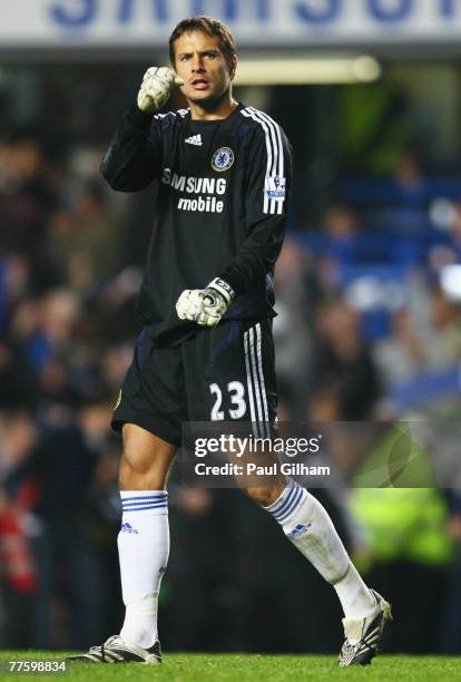 Carlo Cudicini of Chelsea celebrates victory following the Carling Cup Fourth Round match between Chelsea and Leicester City at Stamford Bridge on...